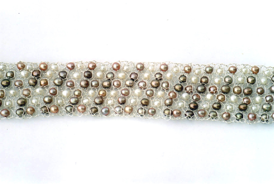 Strickband 925/- Silber handgestrickt mit bunten Süßwasserperlen